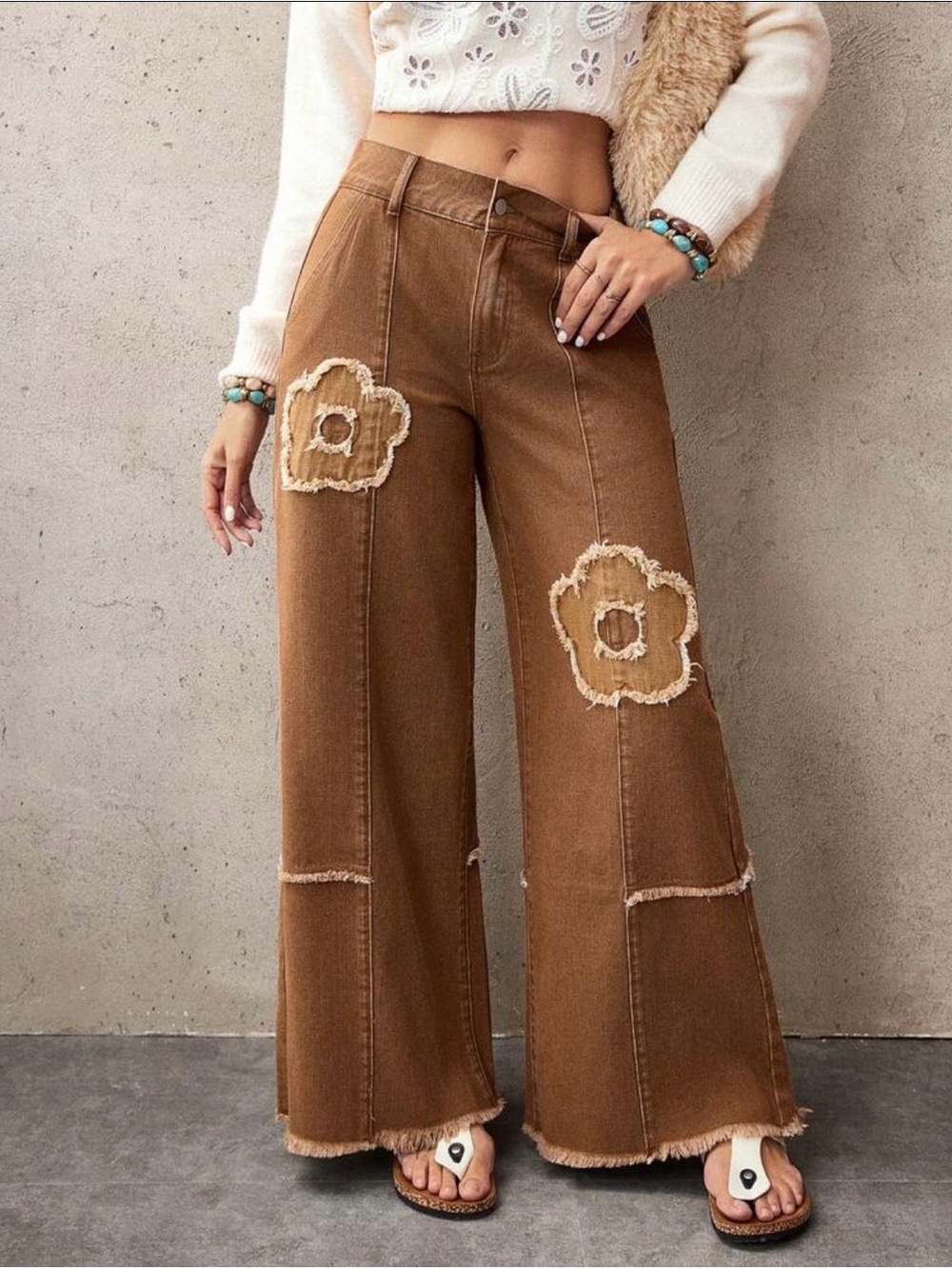 Amazon Brown Wide-Leg Jeans with Frayed Floral Appliqués